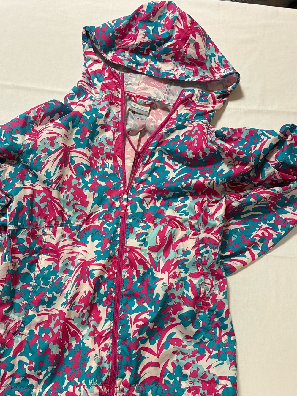Columbia Women’s Small Pink & Teal Floral Zip Up Hooded Windbreaker